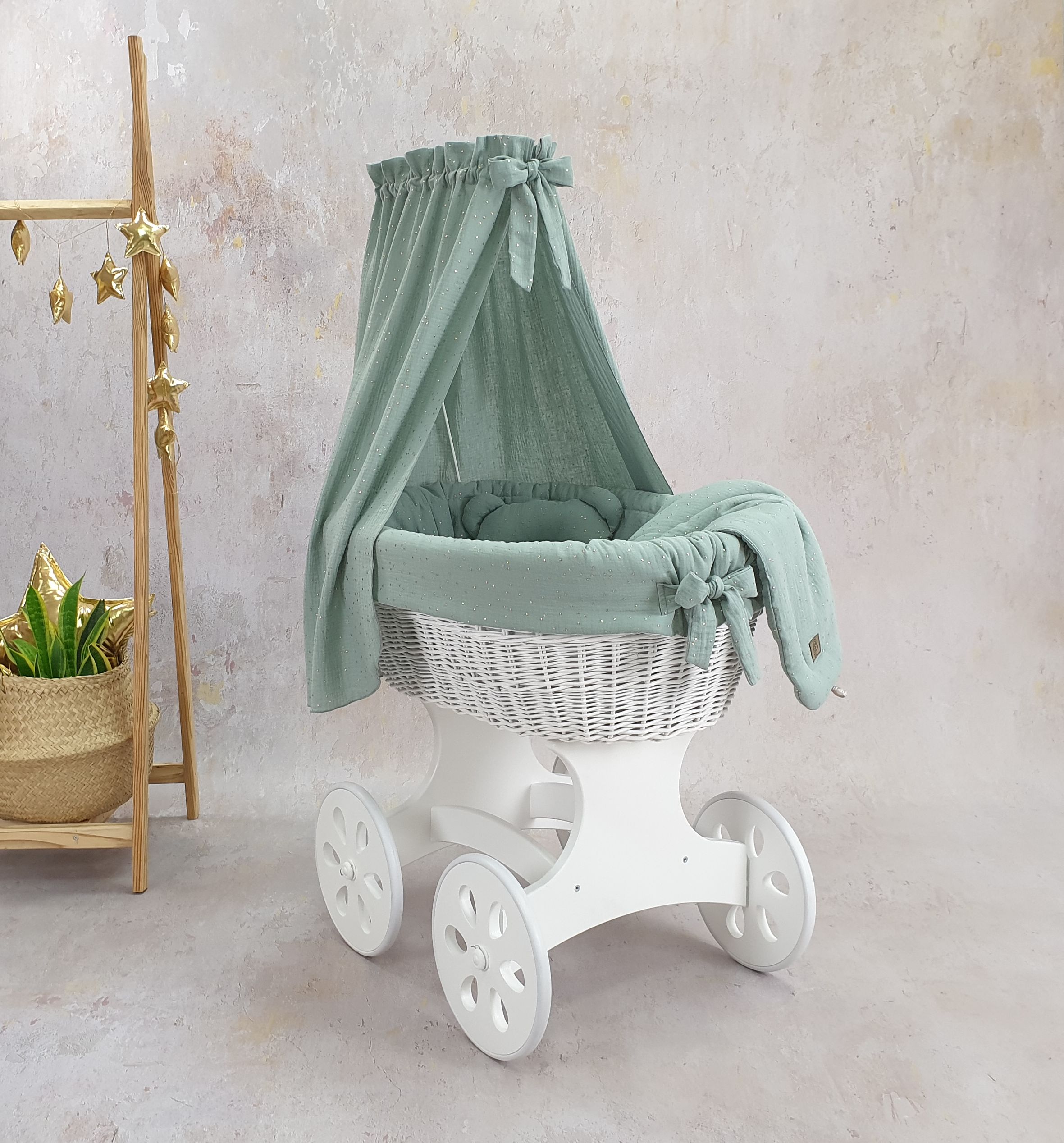 Stubenwagen mit Himmel mit Bettwäsche Set Khaki Musselin - Bild 2
