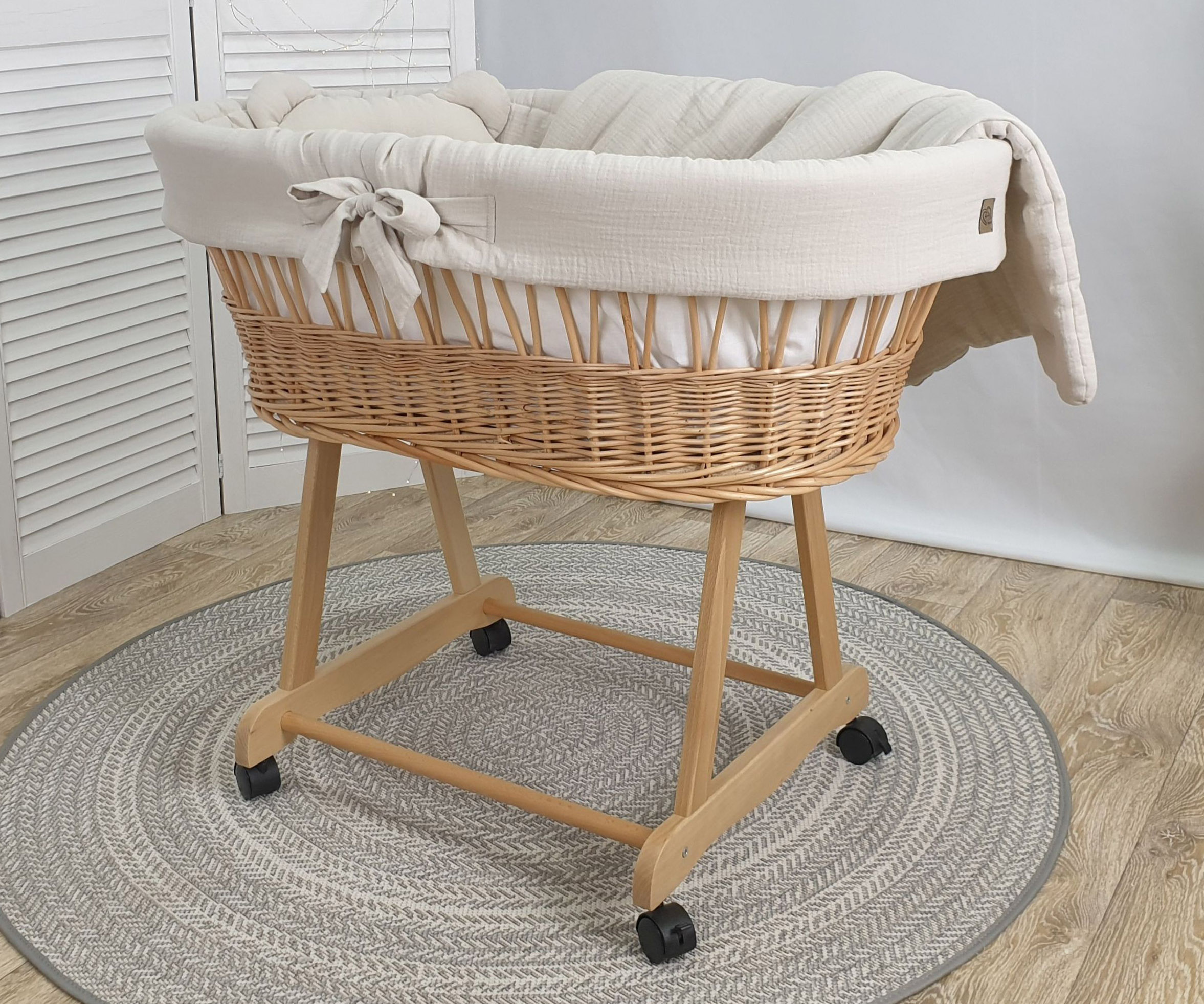 Stubenwagen ohne Himmel mit Bettwäsche Set Beige Musselin Serie NBE-MUS
